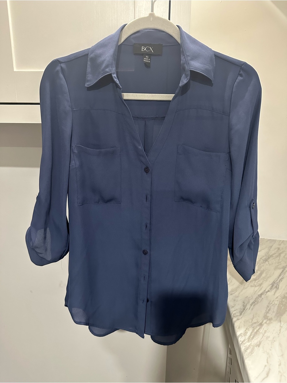 BCX Women's Navy Sheer Button-Down Blouse